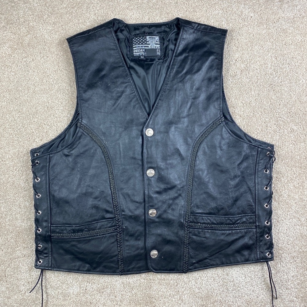 Dream Apparel USA Bikers Black Leather Vest Buffalo Nickel Snaps Mens 52 Laced